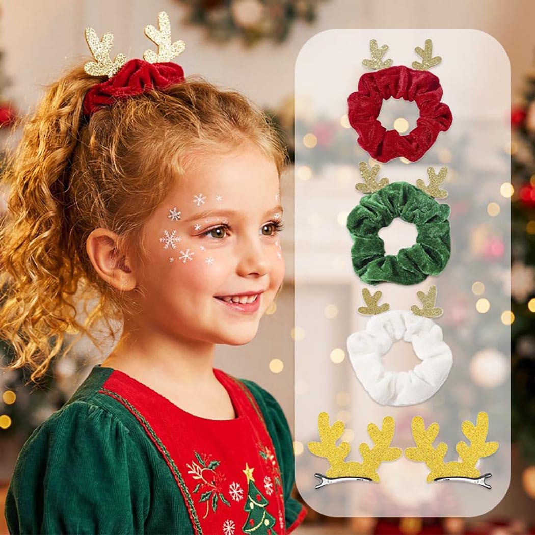 IYOU Christmas Antler Hair Accessories Velvet Green Hair Scrunchies Reindeer Antler Hair Clip Elastic Party Christmas Ponytail Holder Bands for Women and Girls