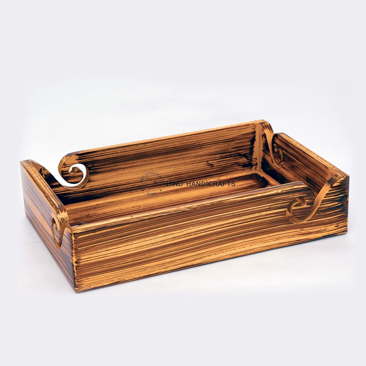 Hind Handicrafts Handmade Wooden Decorative Tray – Rustic Rectangular Serving Tray with Carved Handles, Multipurpose Coffee Table & Kitchen Organizer for Home Décor (30.5 x 20.3 x 6.4 cm)
