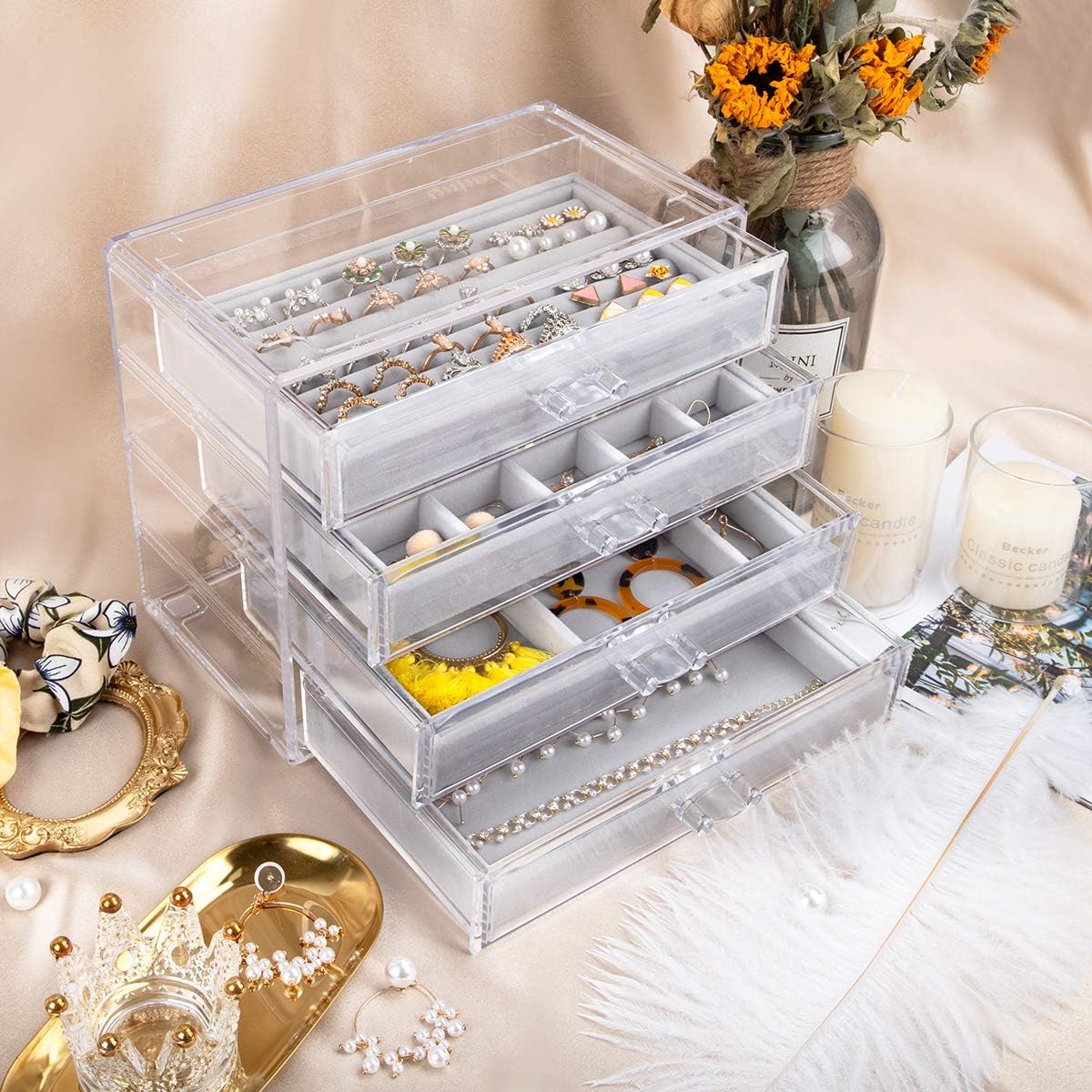 Mebbay Acrylic Jewelry Box with 4 Drawers, Velvet Jewelry Organizer for Earring Necklace Ring & Bracelet, Clear Jewelry Display Storage Case for Woman, Grey: Home & Kitchen