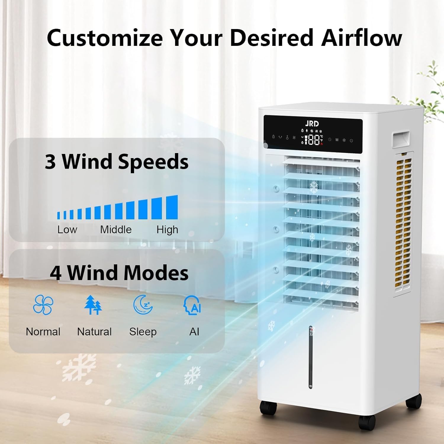 JRD Portable Air Conditioner, Portable Evaporative Air Cooler with Remote, 12H Timer, 4 Ice Pack, 2.4Gal Tank, 4 Mode&3 Speed, Mist Function, Swamp Cooler Cooling Fan for Bedroom Home Office Garage
