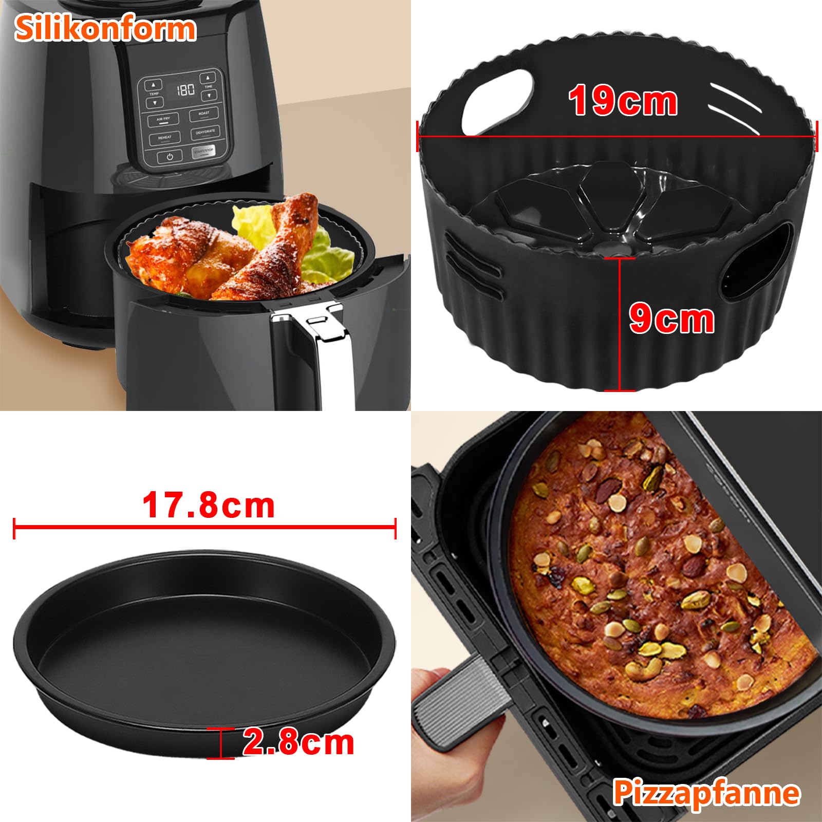 4PCS 19CM Heißluftfritteuse Zubehör - Airfryer Zubehör für Russell Hobbs 4L, Philips 2000-Serie 4,2L (NA229/00), Ninja 5,2L AF160EU, COSORI 3.8L, Grillrost Pizzapfanne Backpapier Silikonform 3