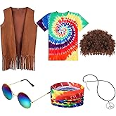 Sintuff 6 Pcs Men's Hippie Costume Set Hippie Fringe Vest Accessories for 60 70s Carnival Party Halloween Outfits