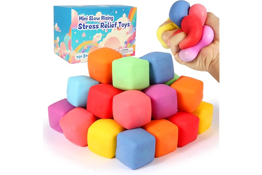24 Pack Slow Rising Stress Cube , Dough Stress Balls Soft Fidget Squishy Toys for Anxiety Relief, Pull Stretch Classroom Prize Party Favors Toys for Kids