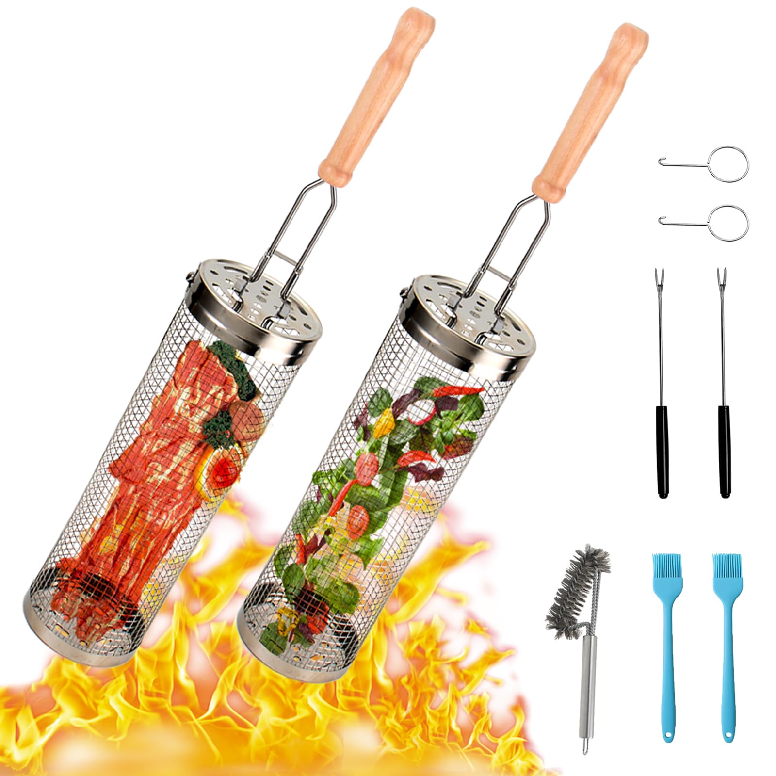 Set of 2 Stainless Steel Grill Baskets with Removable Handle, Grill Accessories, BBQ Grill Vegetables Grill Basket, Cylindrical, Rolling Grill Basket, Barbecue Accessories, Camping and Patio Grills