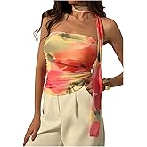 Milumia Women's Floral Print Mesh Tube Top Y2k Strapless Bandeau Tops with Scarf