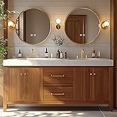 High QLO Bathroom Vanity - Retro Bathroom Vanity with Double Sinks Includes Round Mirror & Wood Grain Cabinet|Retro Log Style