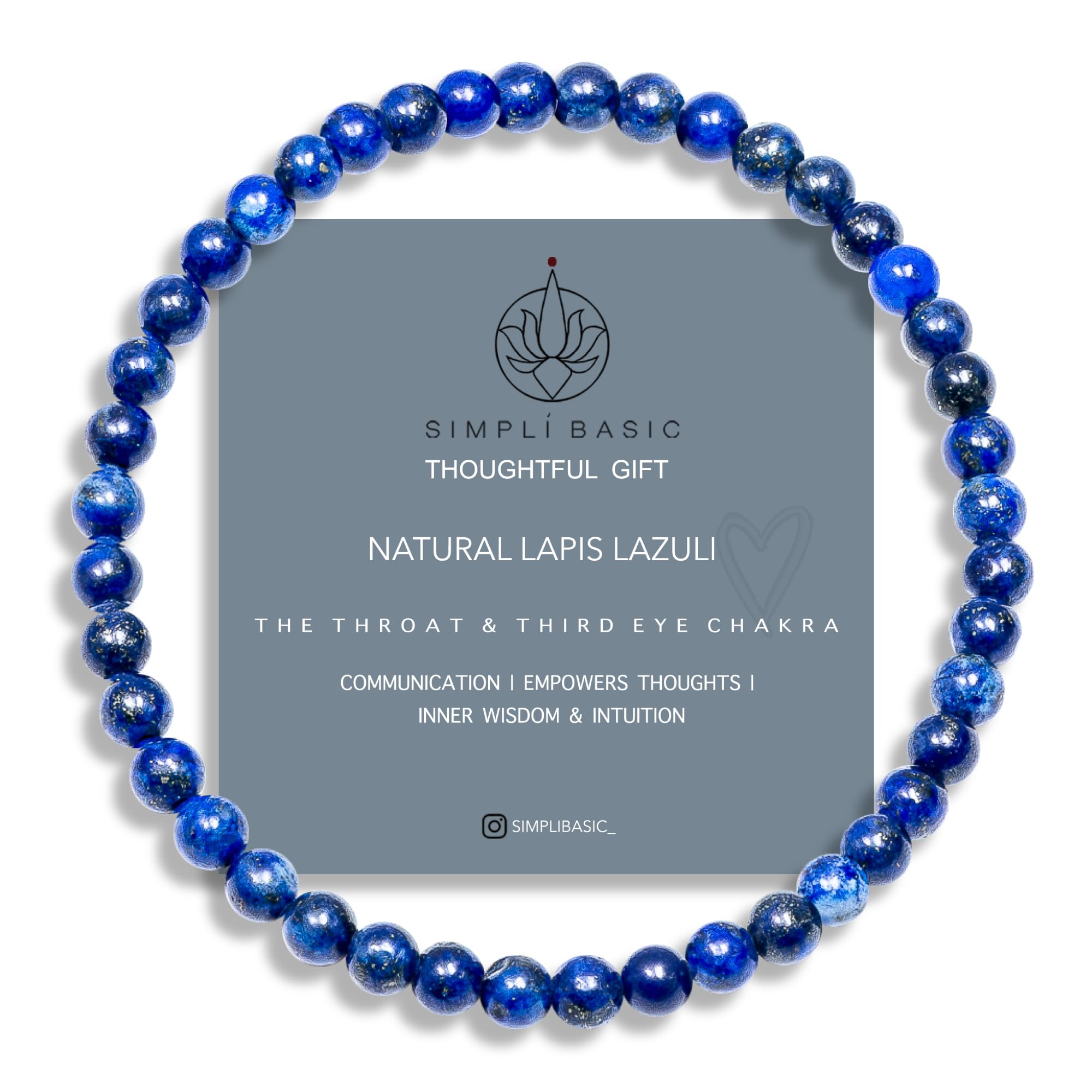 SIMPLÍ BASIC Natural Lapis Lazuli Healing Gemstone Bracelets 4mm Bead | Women & Mens Bracelet | Peace Crystal | Improves Communication Wisdom Stone | Inc Gift Box