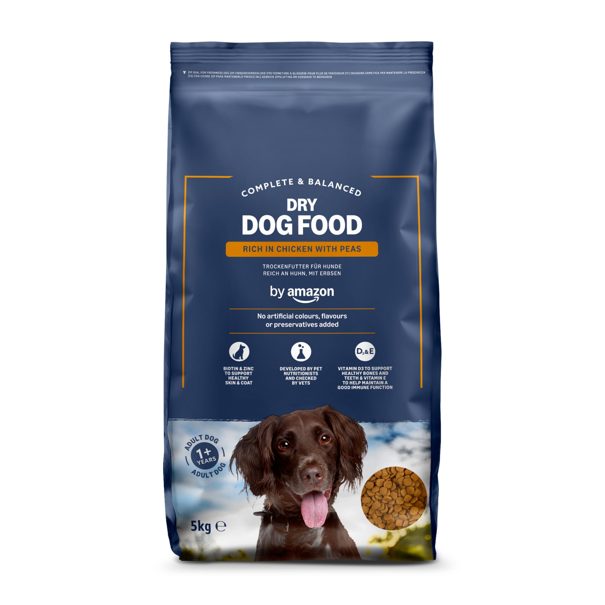 by Amazon - Complete Dry Dog Food for Adult Dogs, Rich in Chicken with Peas, 1 Pack of 5kg