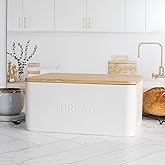 ZICOTO Beautiful Bread Box With Wooden Lid For Your Kitchen Countertop | Spacious Container Stores Homemade Bread, English Muffins and Bagels - Quality Cutting Board Lid Keeps Loaf Fresh