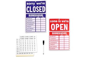 Business Hours Sign, Store Changeable We are Open and Closed Close Signs with Pen & Sticker Both Sides Hanging Store Hours Bo