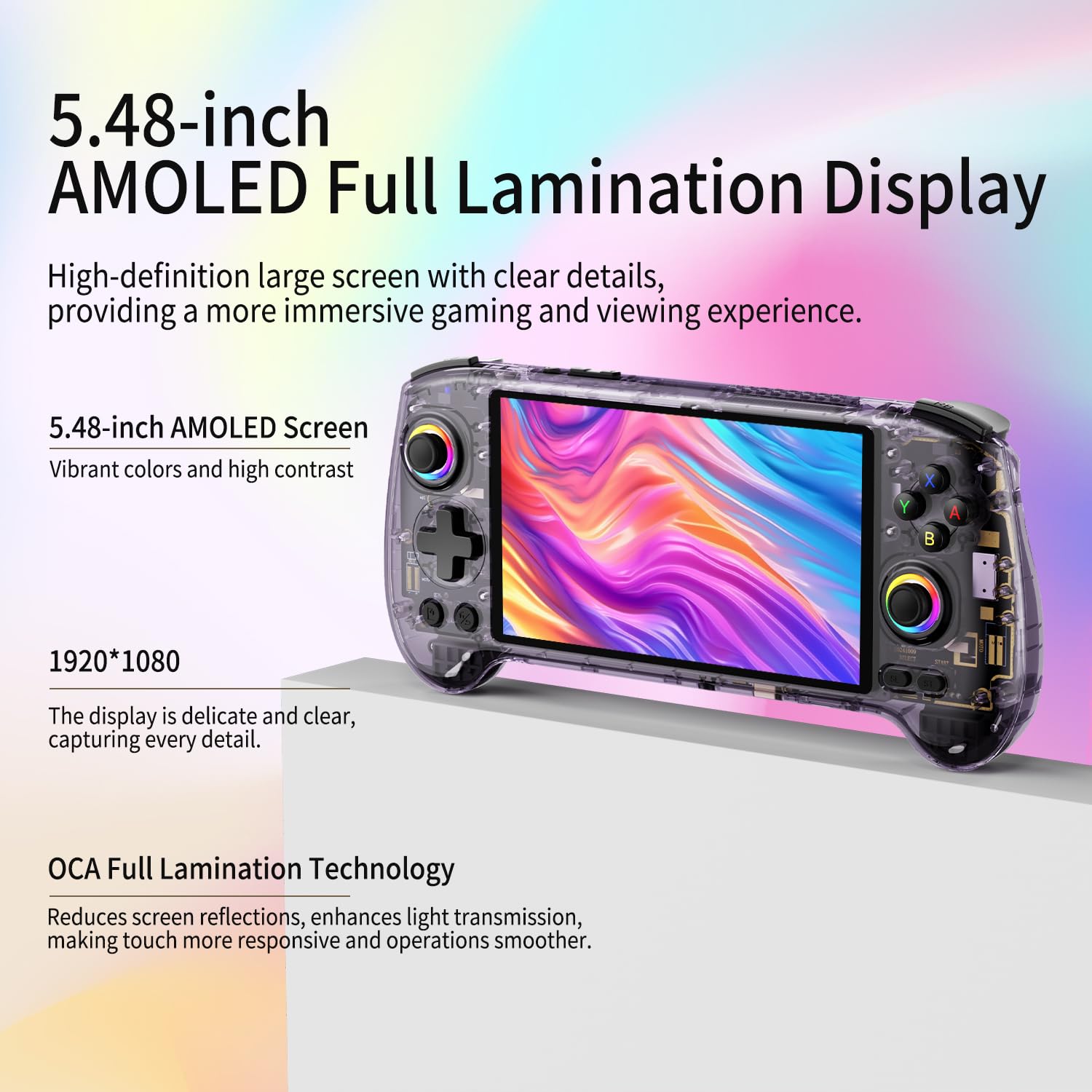 RG557 Retro Handheld Game Console, 5.48 Inch AMOLED Screen Handheld Emulator Android 14 System Dimensity 8300 Processor Support WIFI 6E Bluetooth 5.3(Transparent Purple)