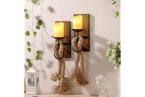 AIMTO Wall Sconce Candle Holder Black Wall-Mount Metal and Wooden Candle Holders Hanging Iron Wall Candle Sconce Holder and use Hemp Rope Decoration,for Home,Living Room, Bathroom, Dining Room, Set of 2