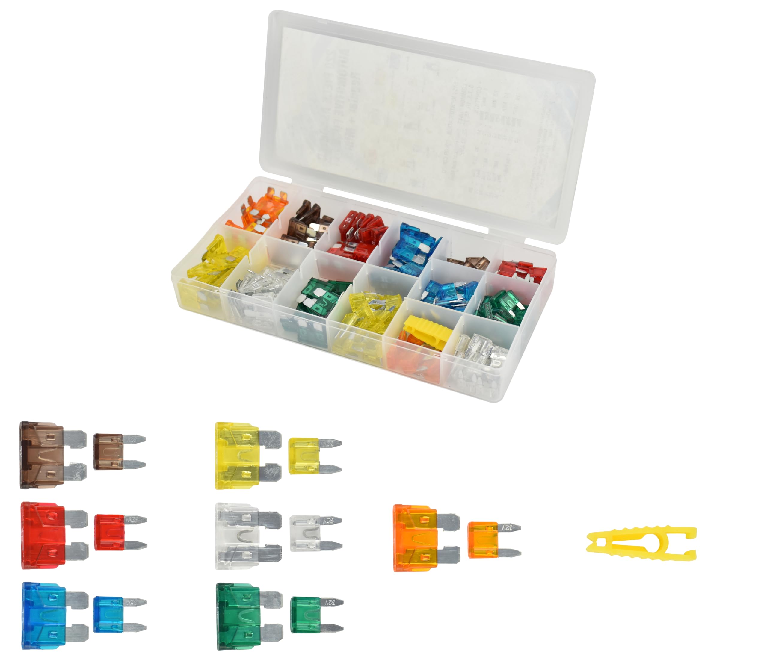 220pcs most common used mini and standard blade fuses:5A, 7.5A, 10A, 15A, 20A, 25A, 30A assortment.