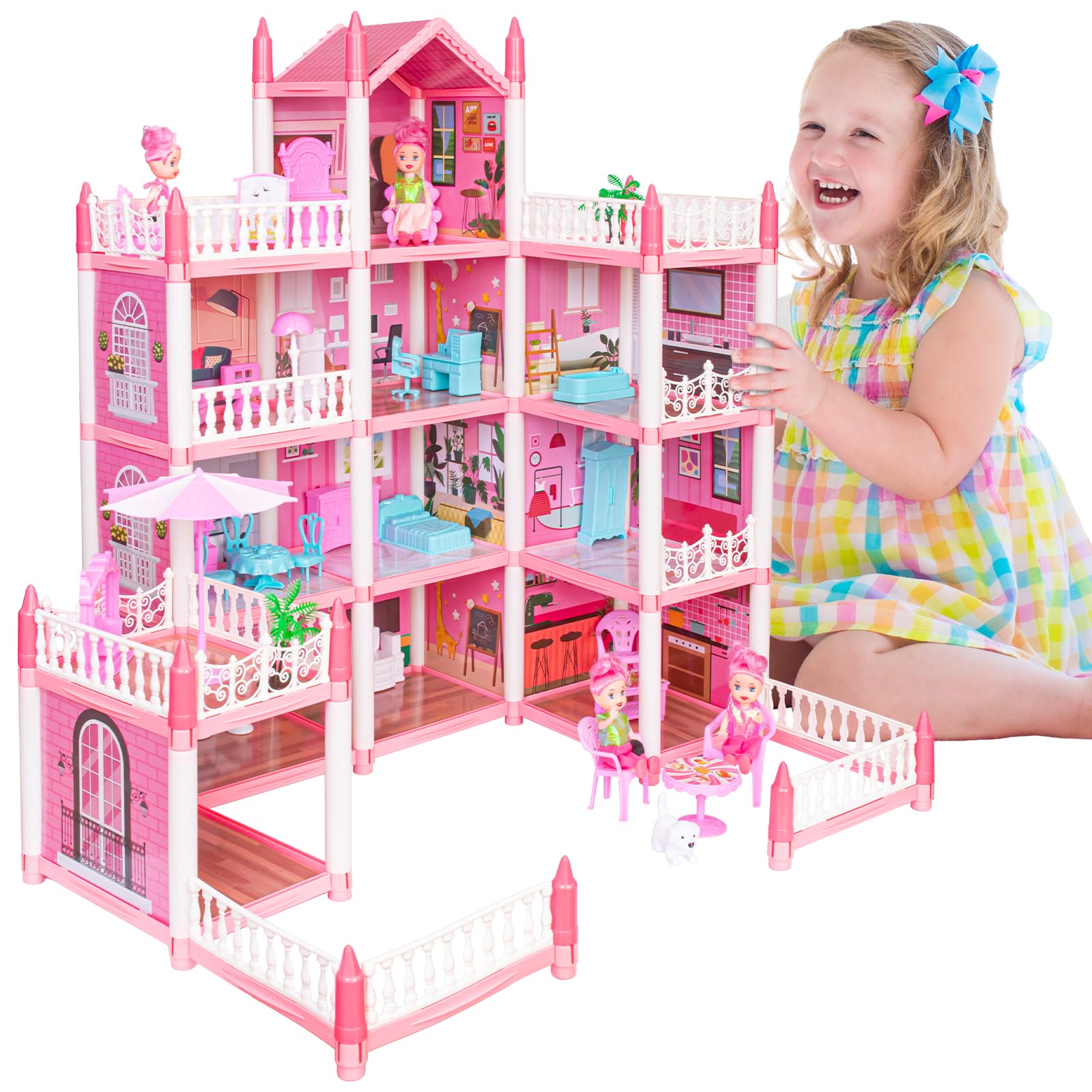 EVERGD Dolls House for Girls, 4 story Pink Grand 11 Rooms Castle Dream House Playset with 3Doll Furniture Accessories Mansion Playhouse Toy Xmas