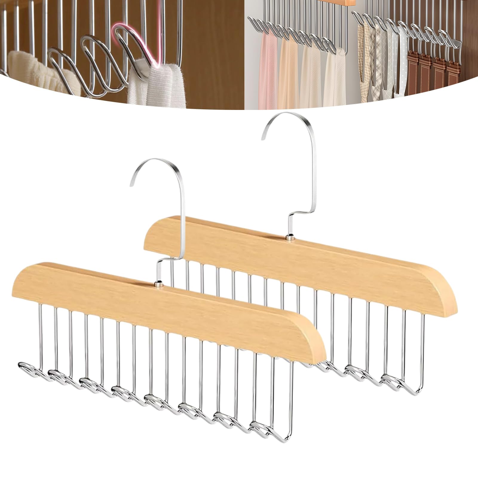 Photo 1 of 2 Pcs Tank Top Hanger,Tie Racks for Closet, Wooden Hangers with 8 Hooks Space Saving, Closet Organizers and Storage for Bras Camis Belts Ties