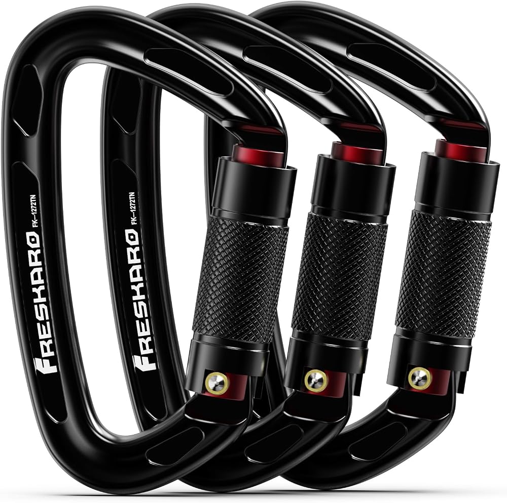 FresKaro 3 Pack Locking Carabiners UIAA 25kN Auto Lock D Shape 60g