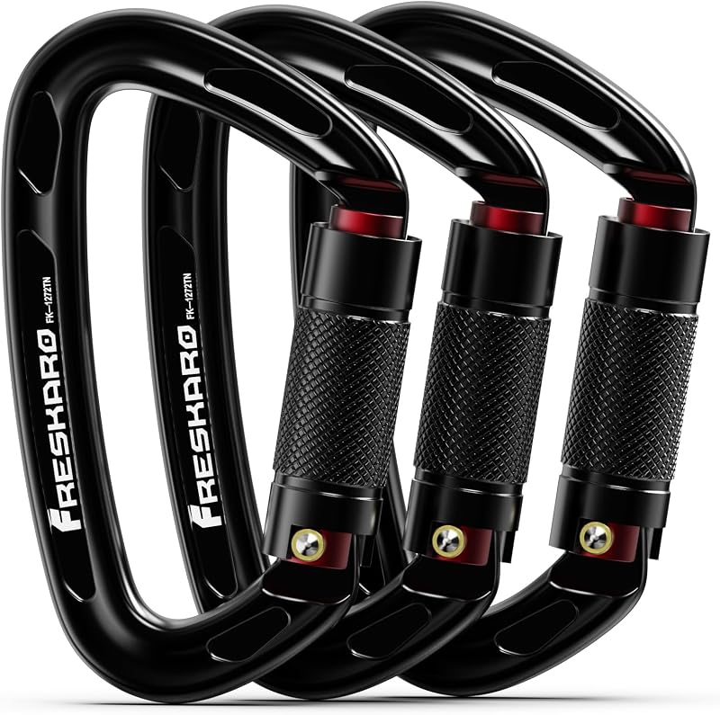 FresKaro 3 Pack Locking Carabiners UIAA 25kN Auto Lock D Shape 60g