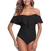 ZINPRETTY Womens Retro One Piece Bathing Suit Tummy Control Off Shoulder Swimsuit Flounce Ruffled Monokini Full Coverage