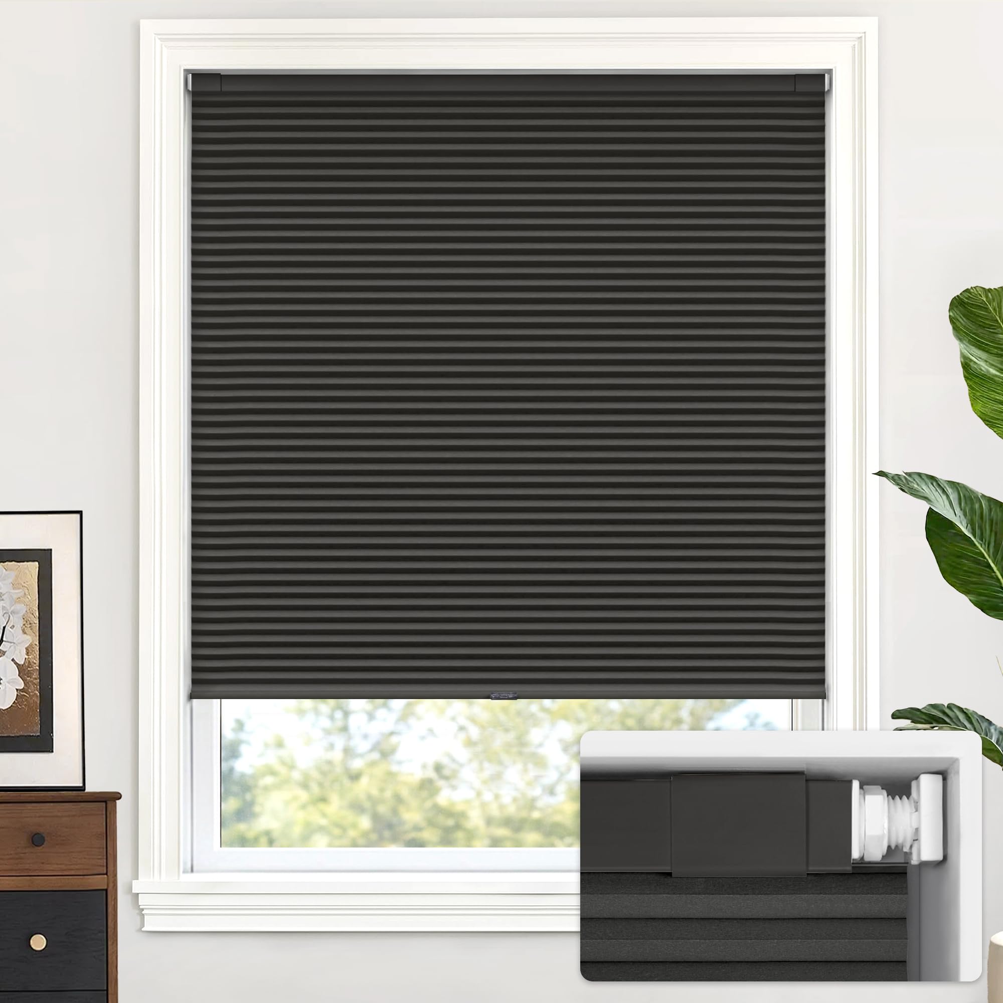 Photo 1 of **COLOR IS GRAY FRAME/ WHITE SHADES**LazBlinds Cordless Cellular Shades, No Tools No Drill Blackout Honeycomb Shades Pleated Blinds for Windows, 34'' W x 48'' H, Midnight Black