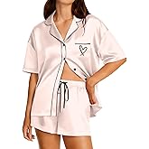 Ekouaer Womens Silk Satin Pajama Set, 2 Piece Heart Embroidery Short Sleeve Button Down Pjs Set for Bridal Party