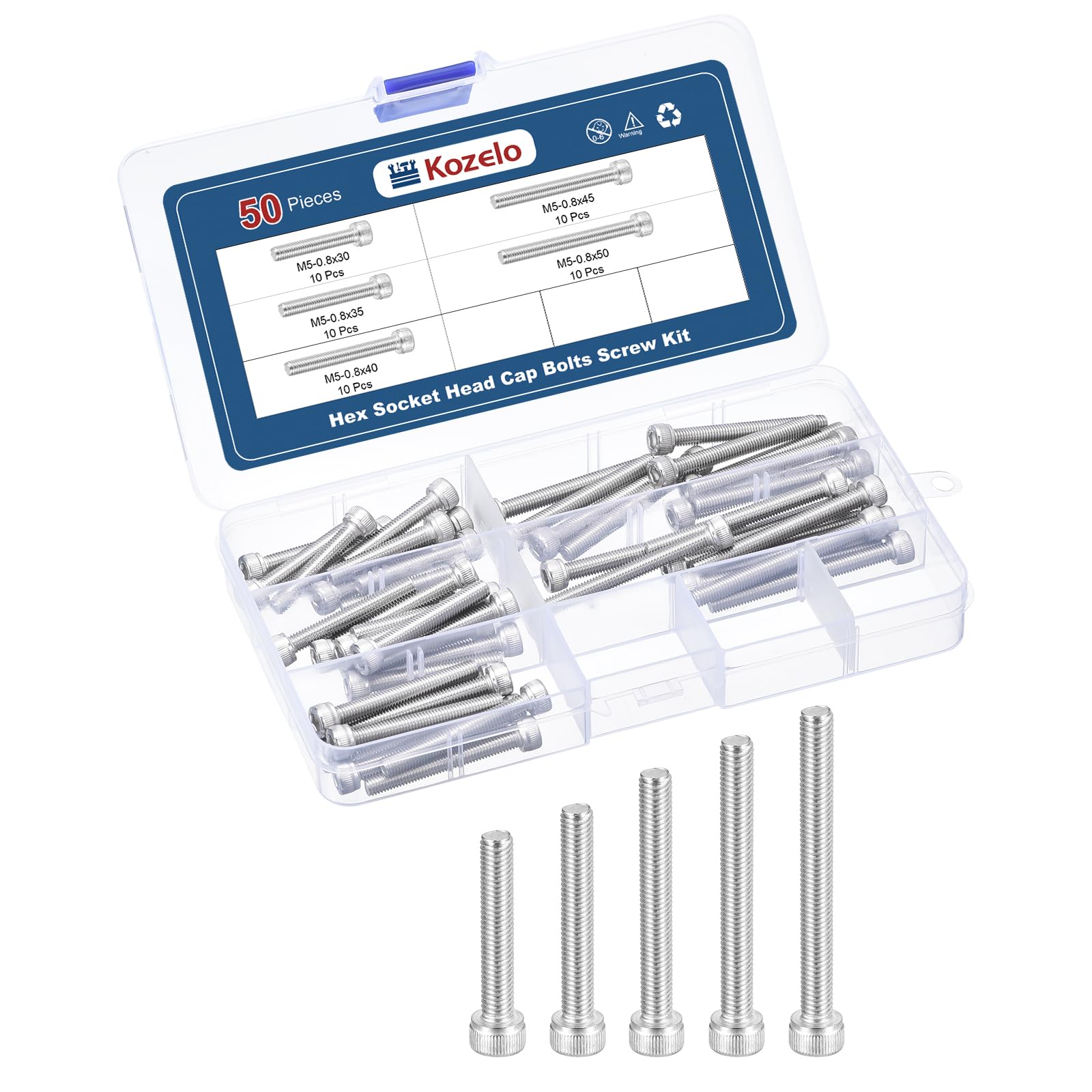 Kozelo 50pcs M5 Socket Head Cap Screws Bolts Nuts Assortment Kit - [M5x30/35/40/45/50mm] 304 Stainless Steel Allen Socket Drive for 3D Printer