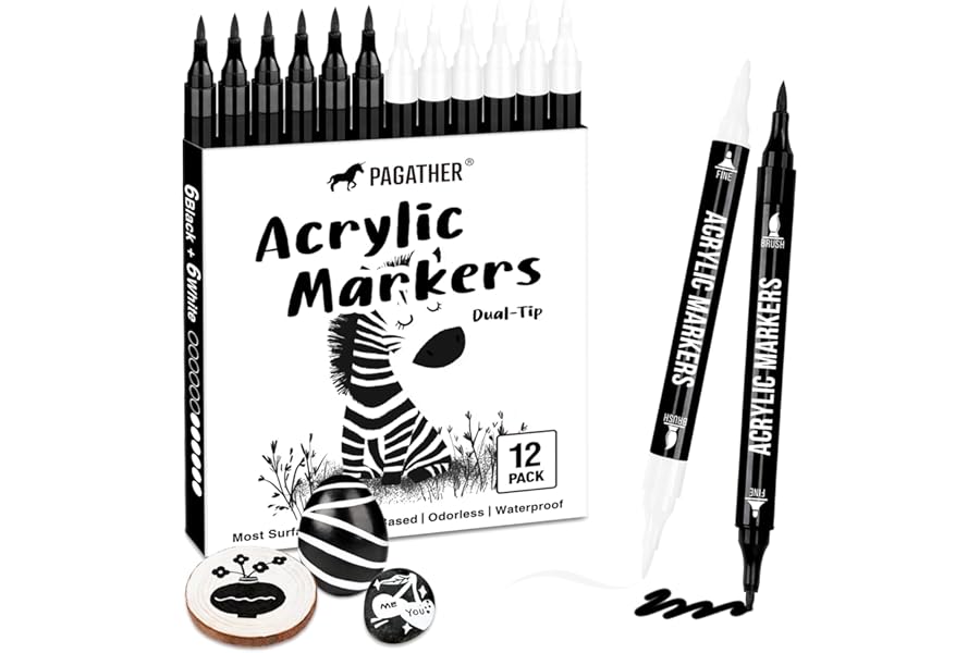 Pagather Black and White Acrylic Paint Markers, 12 Pack Dual Tip with Fine Tip and Brush Tip Pens for Stone, Wood, Calligraphy, Canvas, Ceramic, Metal, Glass, Rock Painting, DIY Crafts