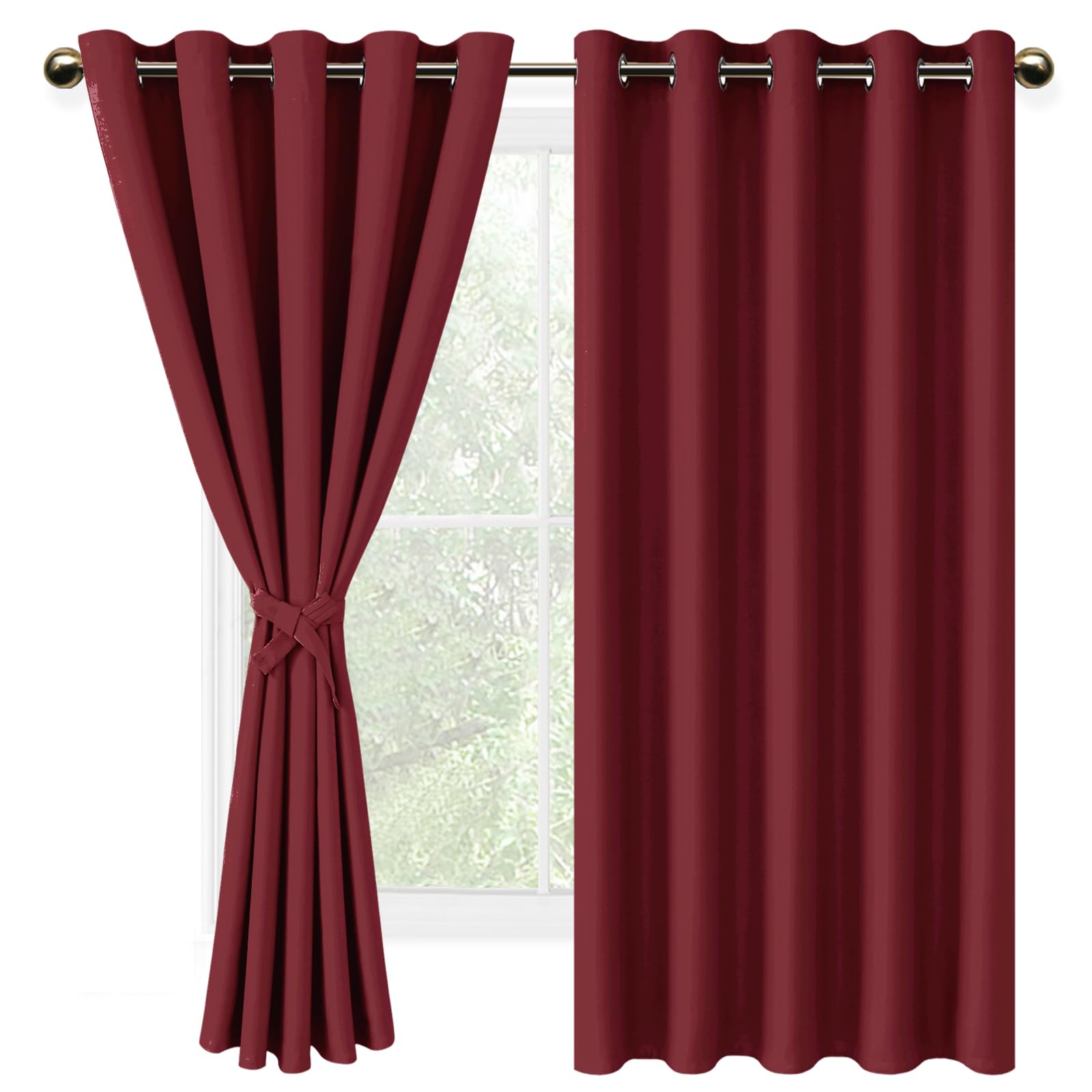 DWCN Blackout Curtains with Tiebacks for Bedroom Thermal Insulated Solid Eyelet Curtains for Living Room,2 Panels,66" Wide x 72" Drop Burgundy
