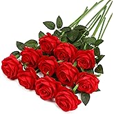 FLORRALIA Red Fake Roses Artificial Flowers - 10 Pcs Fake Artificial Roses Silk Flowers with Stems for Home Wedding Hotel Office Centerpiece Decor
