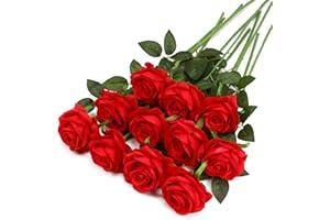 FLORRALIA Red Fake Roses Artificial Flowers - 10 Pcs Fake Artificial Roses Silk Flowers with Stems for Home Wedding Hotel Office Centerpiece Decor