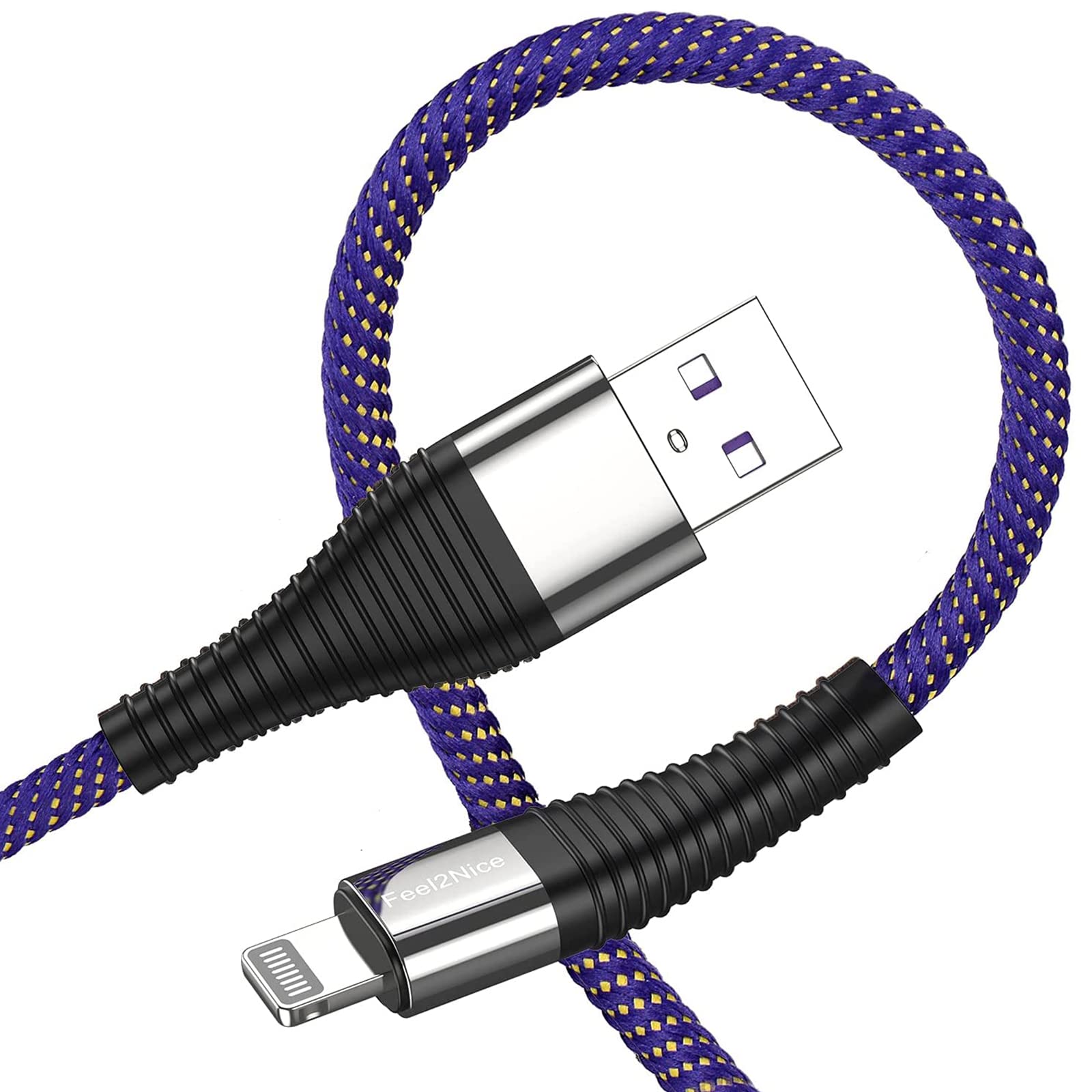 FEEL2NICE iPhone Charger Cable,2 Pack [MFi Certified] Extra Long Lightning Cable,Strong Nylon Braided 3M Charging Cord for iPhone14/13/12/11/Max/X/XS/XR/XS Max/8/7/6/5S/SE/iPad Mini Air(Purple)