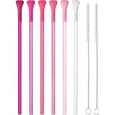 NiHome 6PCS Anti Wrinkle Straws with Silicone Flat Tips, No Wrinkle Straws | Wrinkle Free Plastic Long Straw, Reusable Drinking Straw Fit for Stanley 30oz 40oz Tumbler, 2 Brushes, BPA-free (Pink Series)