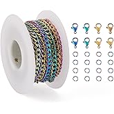Mega Pet 5m/16.4 feet Stainless Steel Curb Chains with Jump Rings and Lobster Claw Clasps Rainbow Chains Necklace Bracelet Making Kits Metal Chains for DIY Jewelry Making