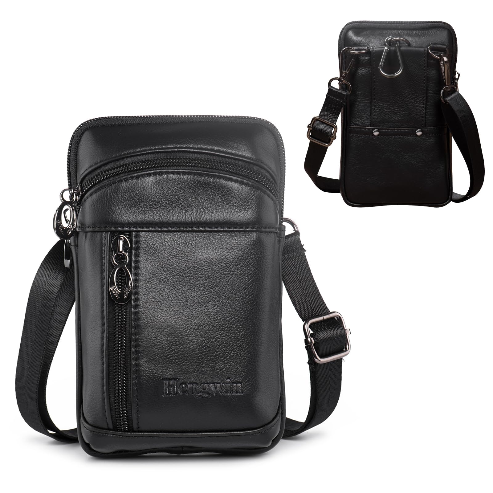 Hengwin Genuine Leather Belt Loop Carabiner Clip Case Holster with Zipper Closure for iPhone 15 14 Pro Max, 14 Plus 13 Pro Max Samsung S23 S22 Crossbody Bag