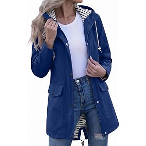 FPMLUXLL Womens Rain Jacket Waterproof Windproof Hooded Rain Coat Lightweight Striped Lined Windbreaker Jacket with Pockets