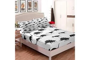 EROSEBRIDAL Dinosaur Fitted Sheet Deep Pocket Dino Silhouettes Jurassic Evolution Bedding Set Wildlife Animals Black White Bed Sheet for Kids Teens Boys 1 Fitted Sheet with 1 Pillow Cases Twin Size(No Top Sheet)