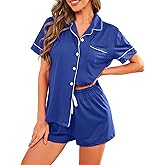 QLVKYW Pajama Set for Women 2 Piece Sleepwear Short Sleeve Button Tops and Pj Shorts Chest Pocket