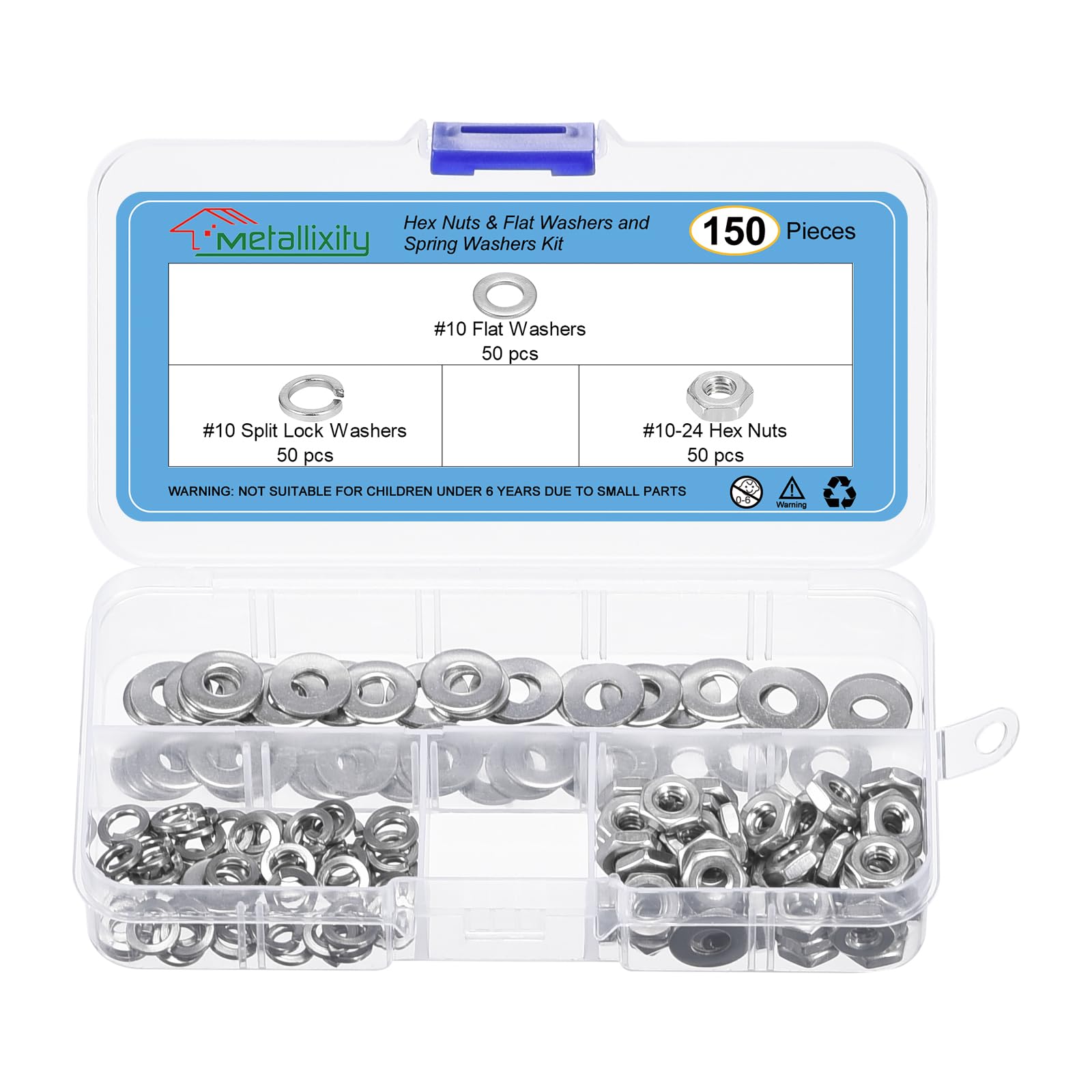 METALLIXITY Hex Nuts Assortment Kit (#10-24 Hex Nuts with #10 Flat Washers & Split Lock Washers) 150Pcs, 304 Stainless Steel Hexagon Nut Hardware Kit