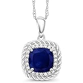 Gem Stone King 10K White Gold Customized and Personalized Cushion Cut 7MM Gemstone Birthstone and White Diamond Pendant Necklace For Women With 18 Inch Chain