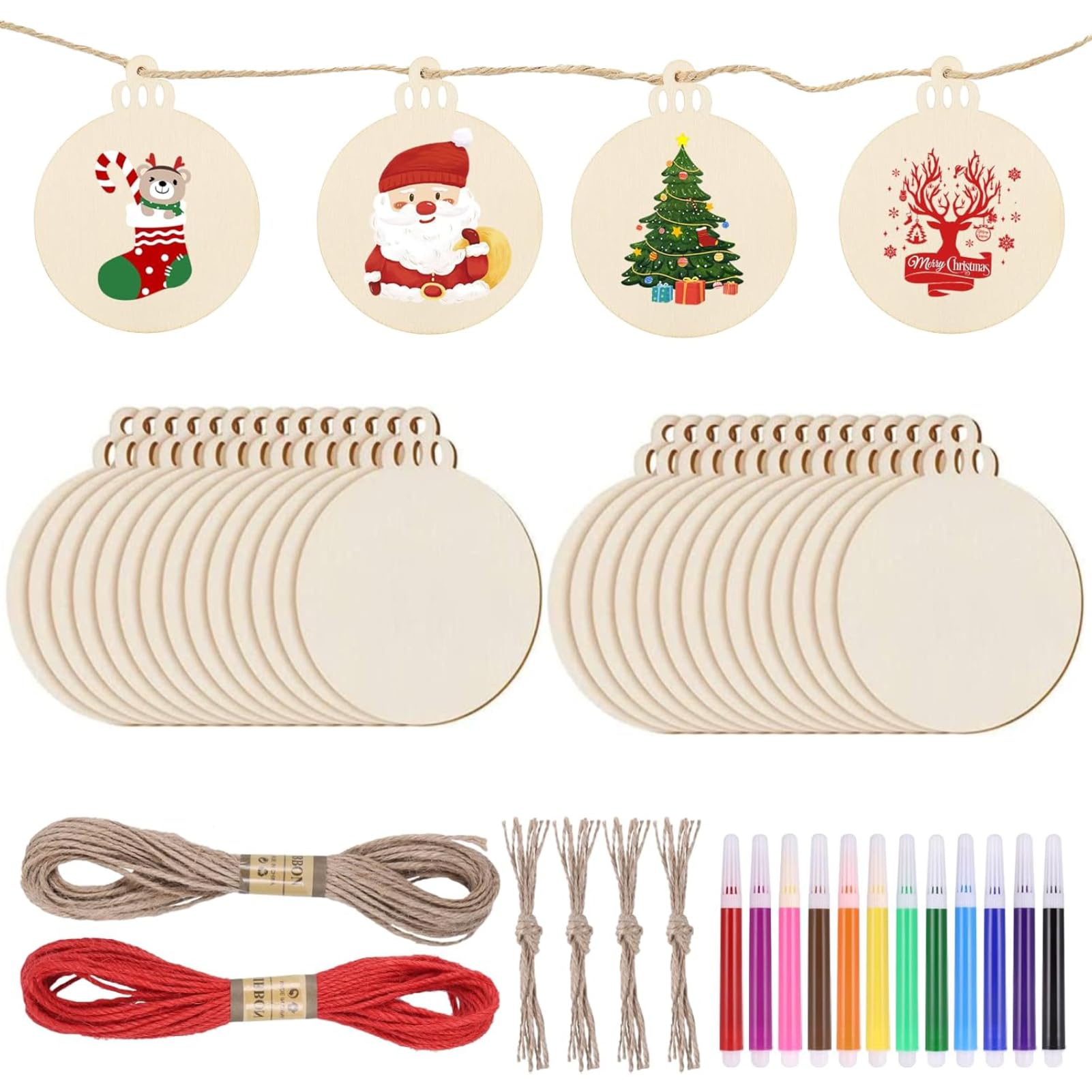 Zocipro 40Pcs Christmas Wooden Baubles for Crafting, Round Wood Slice DIY Christmas Pendant Ornaments Decoration with 12 Coloured Pens & 20m Twine, for Christmas Tree Decoration, Craft Projects