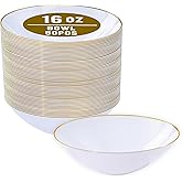I00000 16 Oz 50 Count White Disposable Soup Bowls with Gold Rim, Plastic Bowls Disposable Premium Heavyweight Elegant Plastic Salad Bowl for Party
