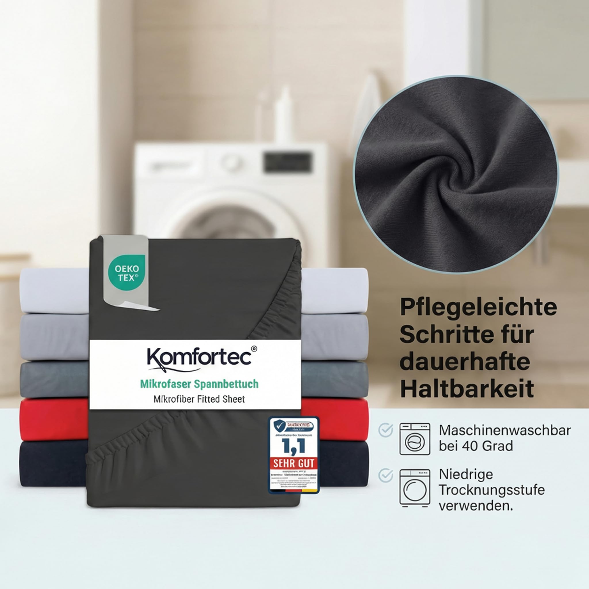 Komfortec Mikrofaser Spannbettlaken 140x200 cm – Weiches Spannbetttuch mit Rundumgummi – Fitted Sheet für Matratzen bis 30 cm – Anthrazit – Oeko-Tex – Pflegeleicht & Hautfreundlich – 90g/m² 7