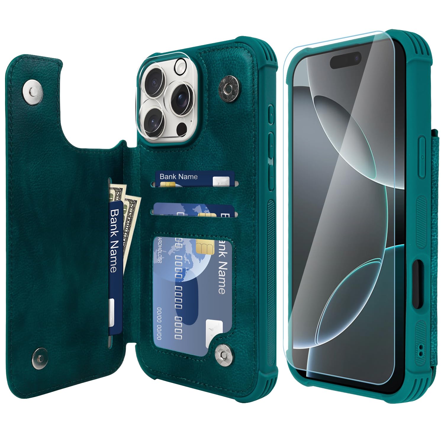 VANAVAGY Compatible for iPhone 16 Pro Max Wallet Casewith Credit Card Holder,Rfid Leather Flip Folio Cover Fit Magnetic Car Mount & Stand with Screen Camera Protector,Midnight Green