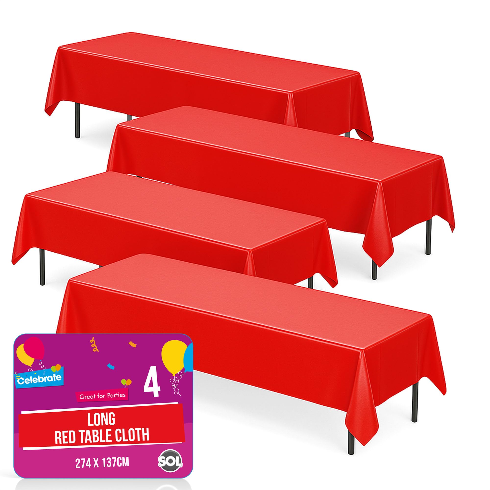 SOL 4pk Long Red Table Cloth Party 274x137cm Plastic Cover Disposable Tablecloths for Parties - Spill Protection - Great for Weddings, Buffets, Catering, Restaurants, Outdoor Events & Celebrations