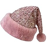 MOHYS Sequin Christmas Hat Pink Velvet Santa Hat for Christmas Holiday New Year Party Supplies