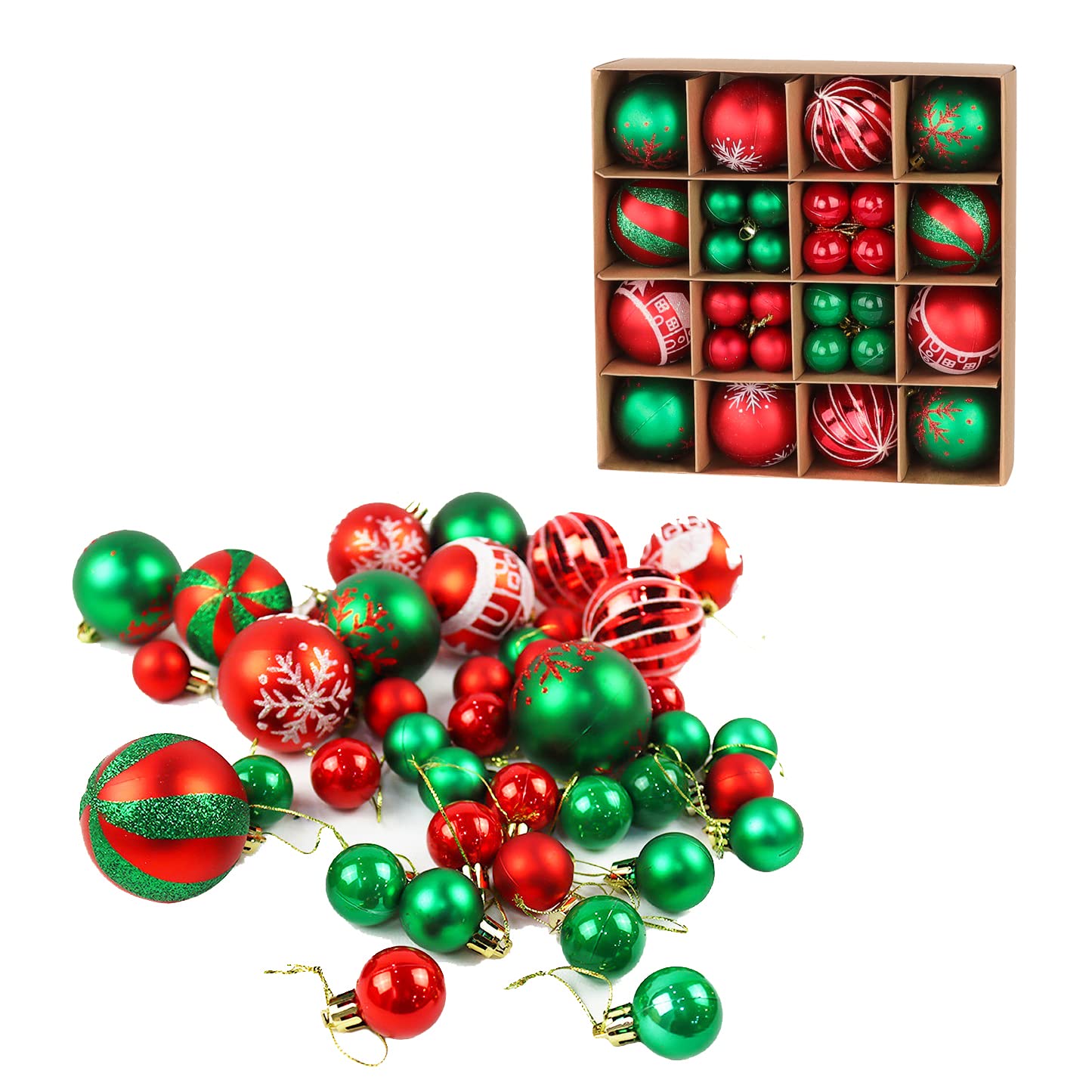Christmas Tree Baubles Decoration Red Green 44ct 6cm 3cm Tree Baubles Ball Ornaments Hanging Baubles Shatterproof Glitter Decoration Pendant for Holiday Home Party Decor