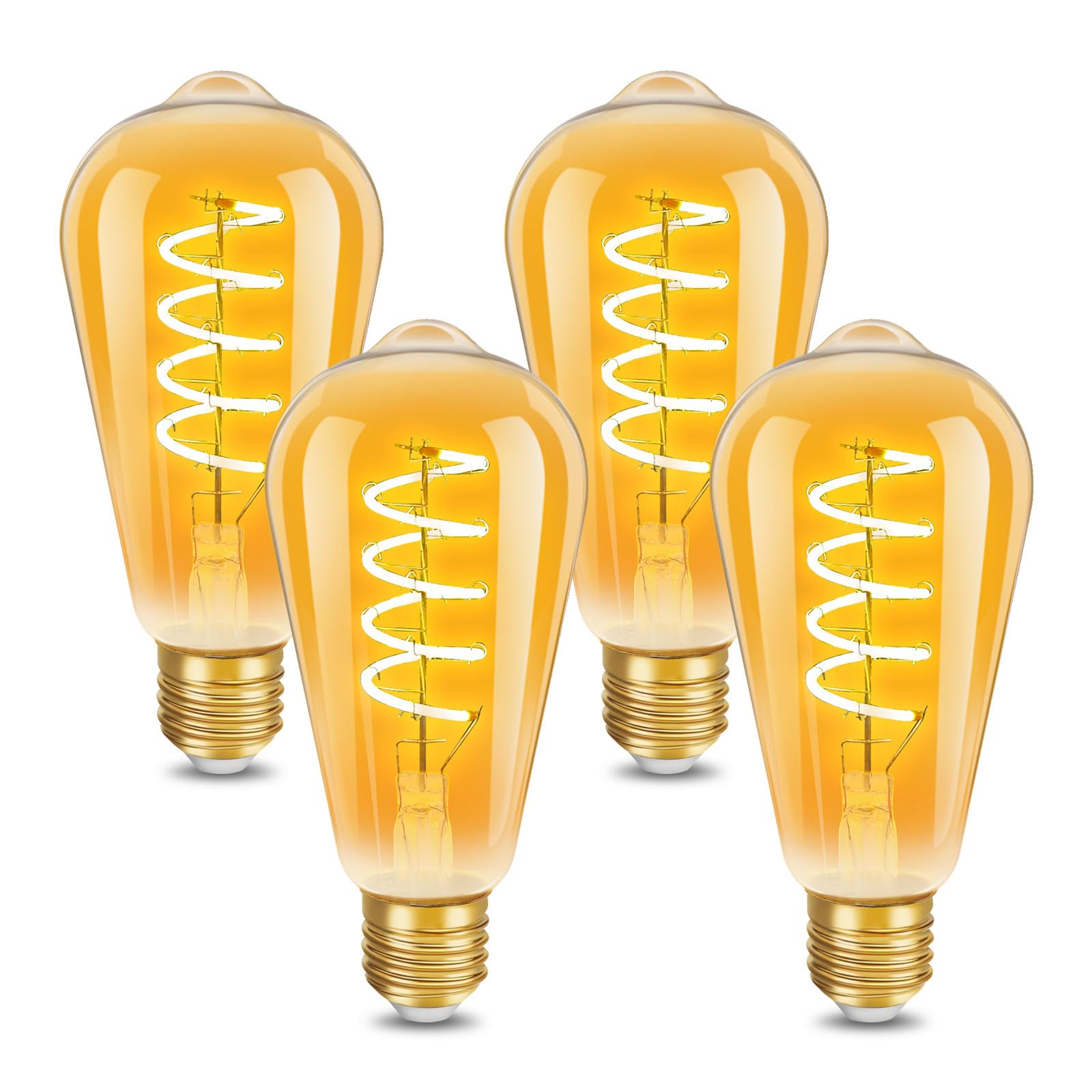 ILEEDear Vintage Edison Light Bulb ST64 Spiral Flexible LED Filament Bulbs, 4W Equivalent to 32W, Retro Amber Glass Screw Lamp, Warm White 2200K, Energy Saving Light Bulbs, Non-dimmable, Pack of 4