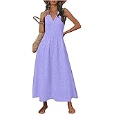 Newshows Women's 2025 Summer Maxi Dresses Halter V Neck Eyelet Hollow Out Long Flowy Beach Vacation Boho Dress with Pockets