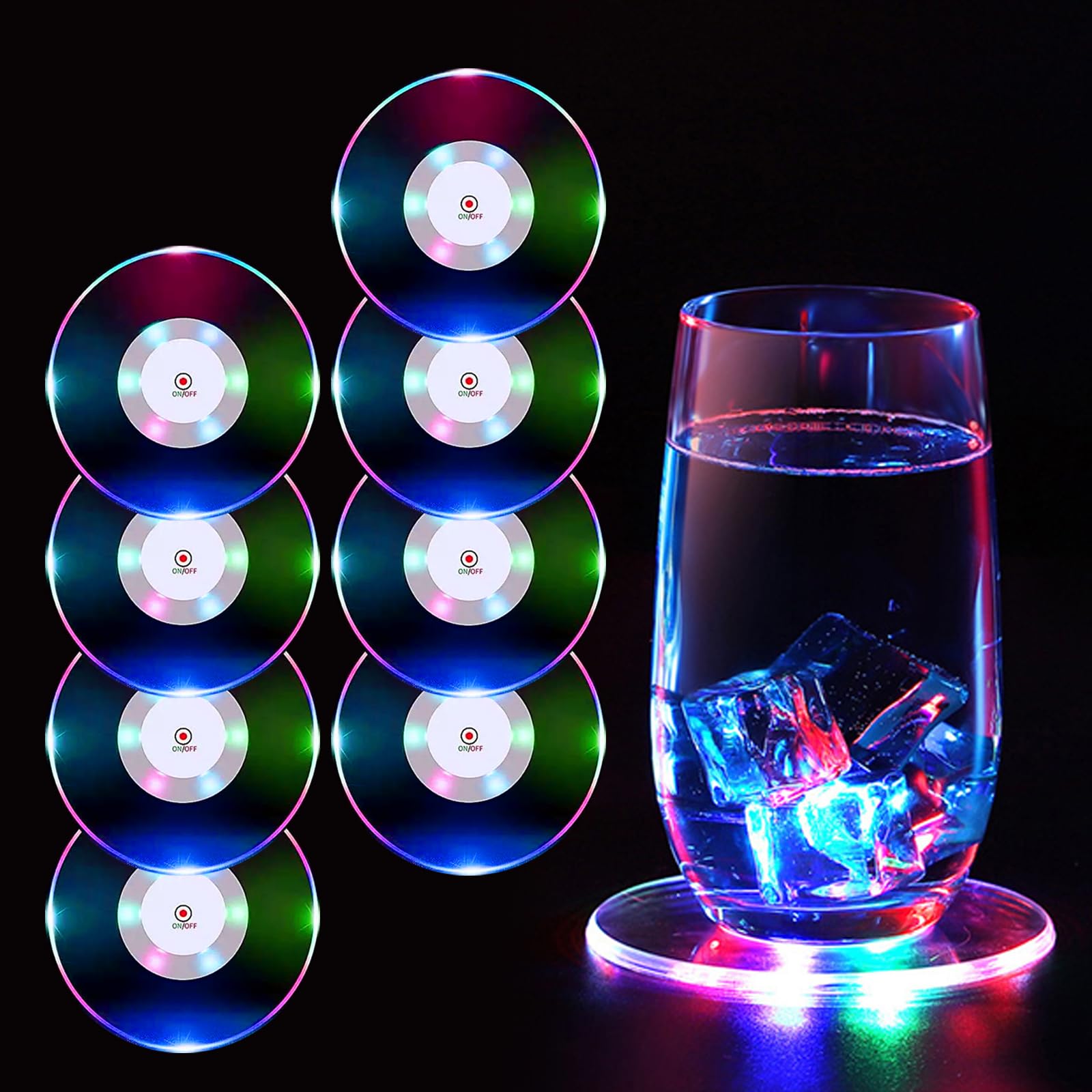 TINYOUTH Set of 8 Colour Changing LED Coasters for Drinks, ON/OFF Disposable Daily Waterproof Acrylic Light Up Coasters for Beer Cocktail Parties Weddings Bar Christmas Home Pub