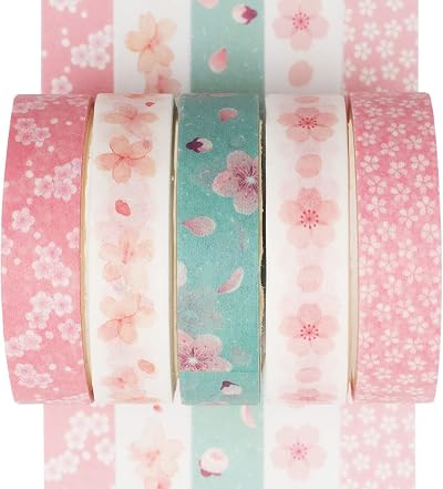YUBX Washi Tape Set 5 Rolls Sakura Decorative Thin 10 mm x 3 m