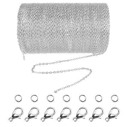 Jerbro 33 Füße Edelstahl DIY Link Kette Ketten Gliederkette Halsketten mit 20 Karabiner Verschlüsse und 30 Sprung Ringe für S